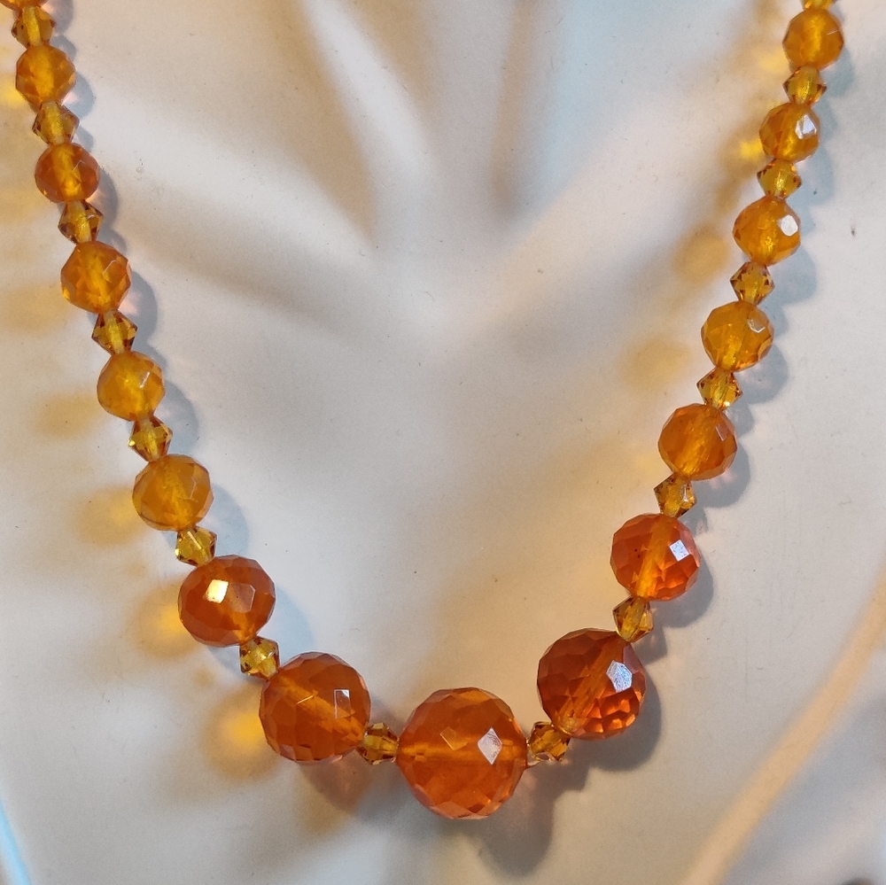 Vintage French Galalith Faceted Amber Tone Beads Necklace